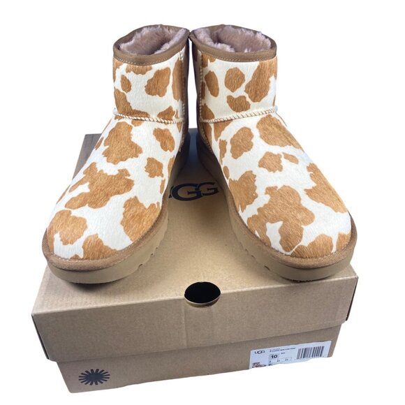 New UGG Classic Mini Cow Print Brown White Boots Women's 10 NIB Rare HTF - Picture 1 of 10